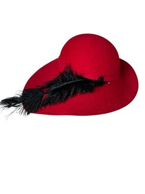 Georgette Vintage Women's Red Wool Cloche Hat with Black Feather